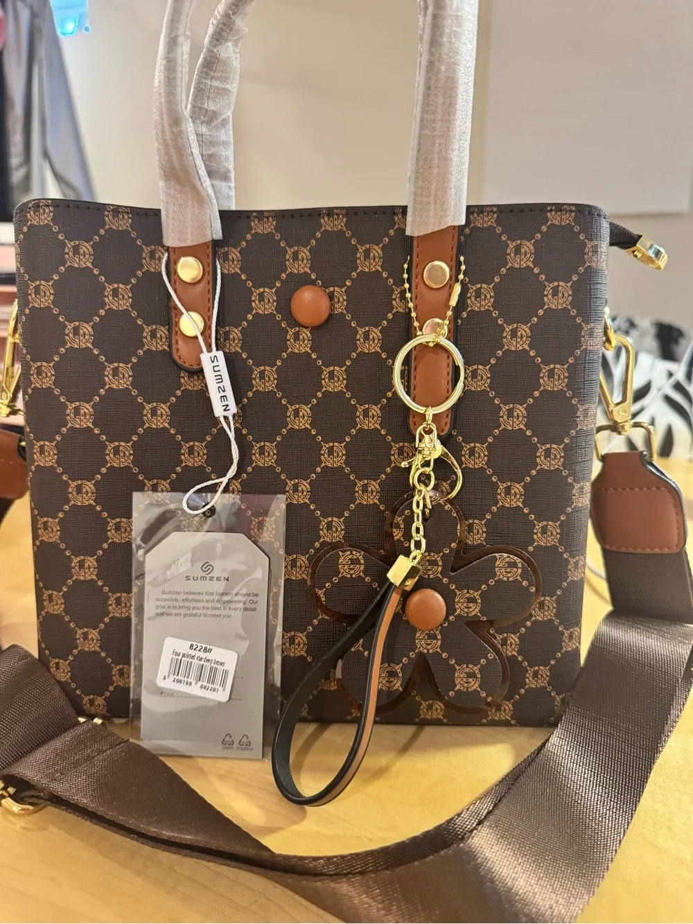 Sumzen Brown Patterned Tote/Crossbody